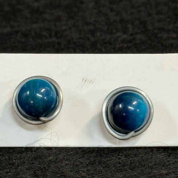 Handmade Jewelry - Stainless Steel Wire Wrapped Blue Tiger Eye Studs